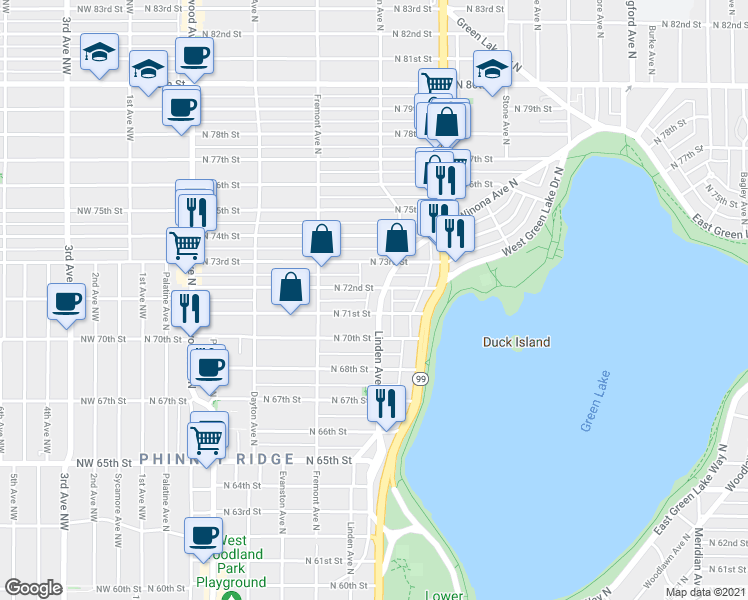 map of restaurants, bars, coffee shops, grocery stores, and more near 7105 Linden Avenue North in Seattle