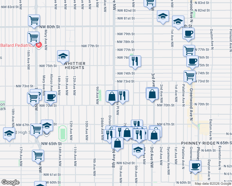 map of restaurants, bars, coffee shops, grocery stores, and more near 7030 Cleopatra Place Northwest in Seattle