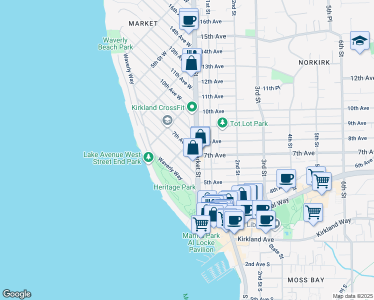 map of restaurants, bars, coffee shops, grocery stores, and more near 508 2nd Street in Kirkland