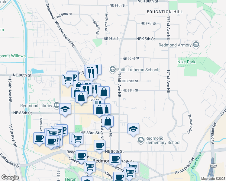 map of restaurants, bars, coffee shops, grocery stores, and more near 8805 166th Avenue Northeast in Redmond