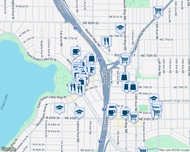 map of restaurants, bars, coffee shops, grocery stores, and more near 503 Northeast 72nd Street in Seattle