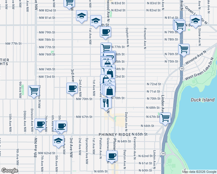 map of restaurants, bars, coffee shops, grocery stores, and more near Greenwood Ave N & N 72nd St in Seattle