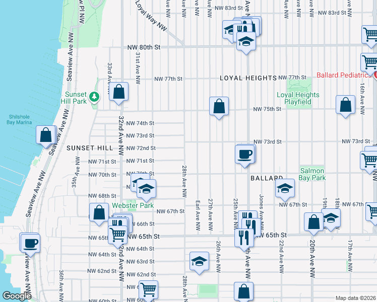 map of restaurants, bars, coffee shops, grocery stores, and more near 7114 28th Avenue Northwest in Seattle