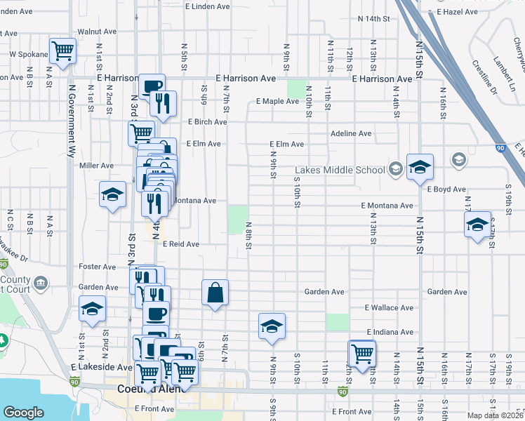 map of restaurants, bars, coffee shops, grocery stores, and more near 814 East Montana Avenue in Coeur d'Alene
