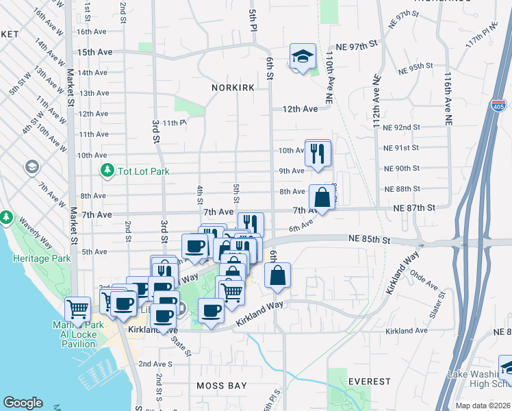 map of restaurants, bars, coffee shops, grocery stores, and more near 524 7th Avenue in Kirkland