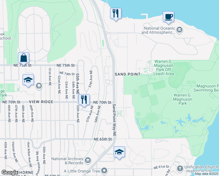 map of restaurants, bars, coffee shops, grocery stores, and more near 7021 Sand Point Way Northeast in Seattle