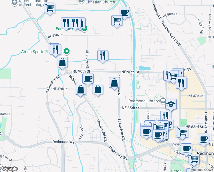map of restaurants, bars, coffee shops, grocery stores, and more near 15319 NE 90th St in Redmond