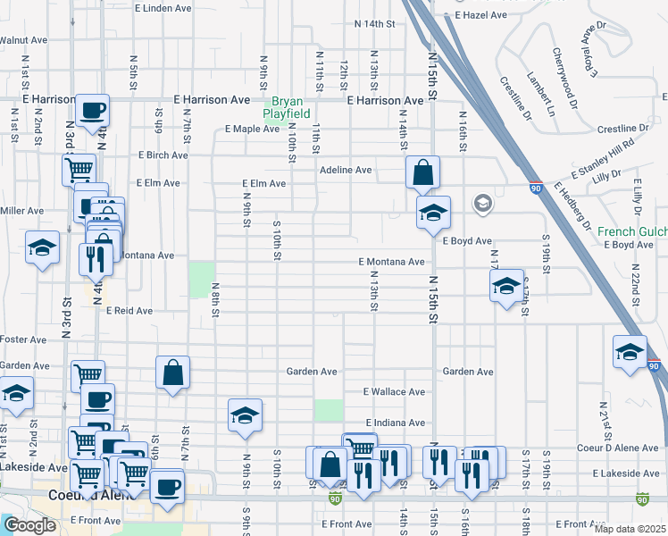 map of restaurants, bars, coffee shops, grocery stores, and more near 1211 East Street Maries Avenue in Coeur d'Alene
