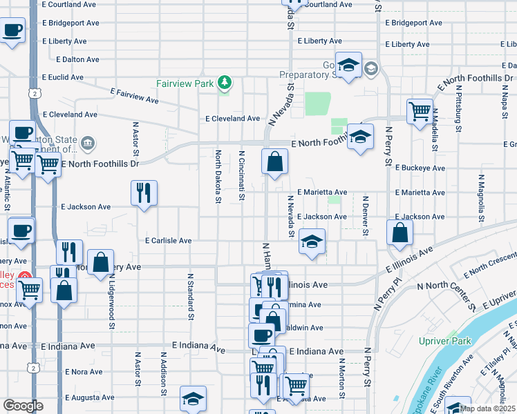 map of restaurants, bars, coffee shops, grocery stores, and more near 817 East Jackson Avenue in Spokane