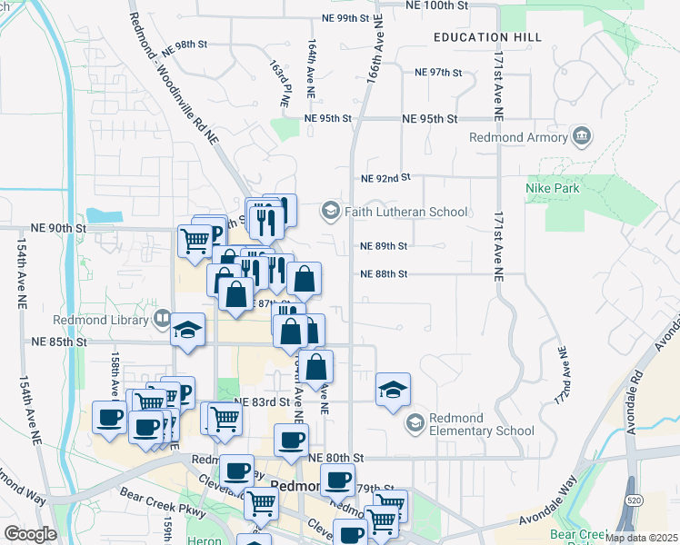map of restaurants, bars, coffee shops, grocery stores, and more near 8705 166th Avenue Northeast in Redmond
