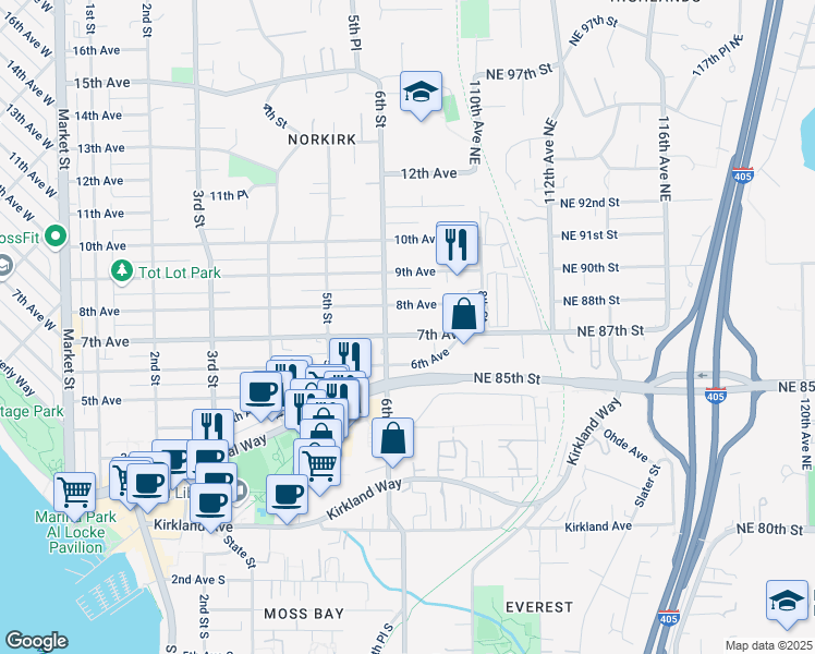 map of restaurants, bars, coffee shops, grocery stores, and more near 610 6th Street in Kirkland