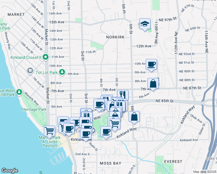 map of restaurants, bars, coffee shops, grocery stores, and more near 429 7th Avenue in Kirkland