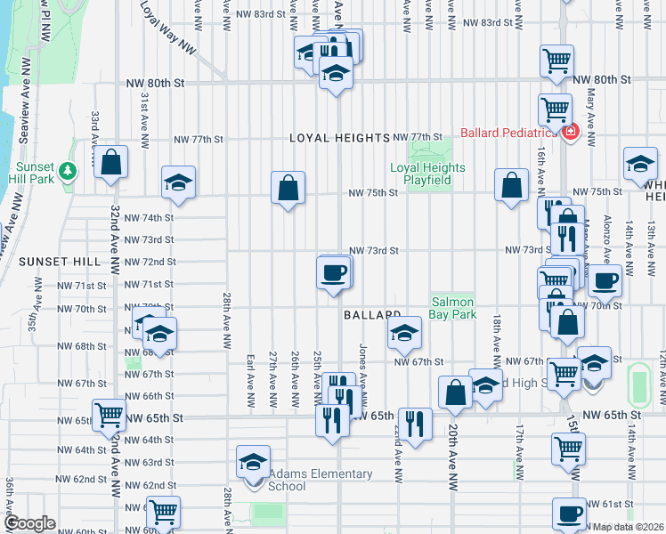 map of restaurants, bars, coffee shops, grocery stores, and more near 7033 24th Avenue Northwest in Seattle