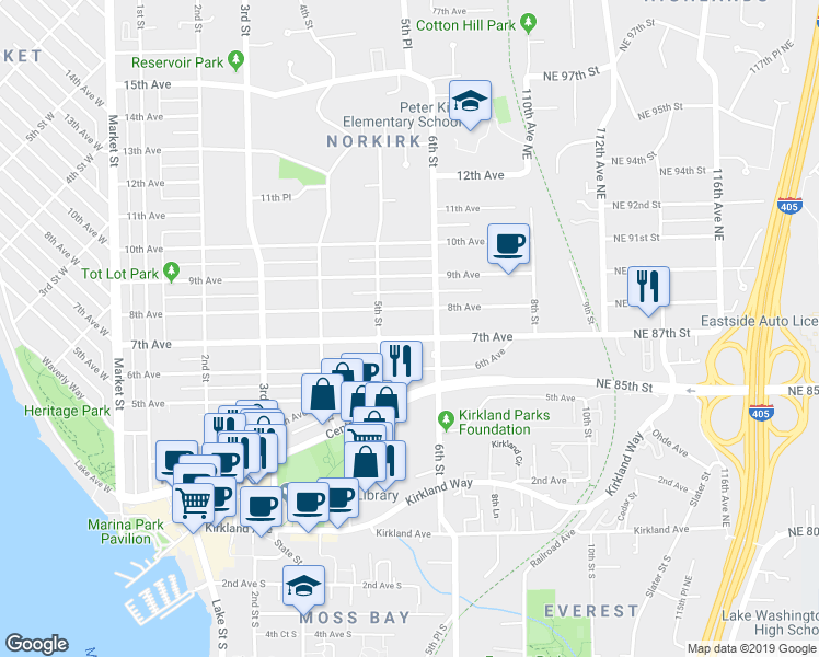 map of restaurants, bars, coffee shops, grocery stores, and more near 524 7th Avenue in Kirkland