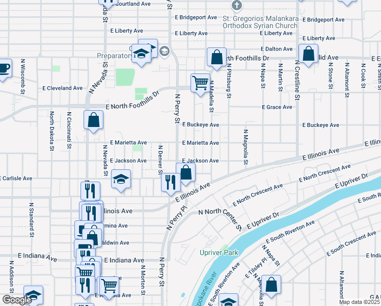 map of restaurants, bars, coffee shops, grocery stores, and more near 2511 North Hogan Street in Spokane