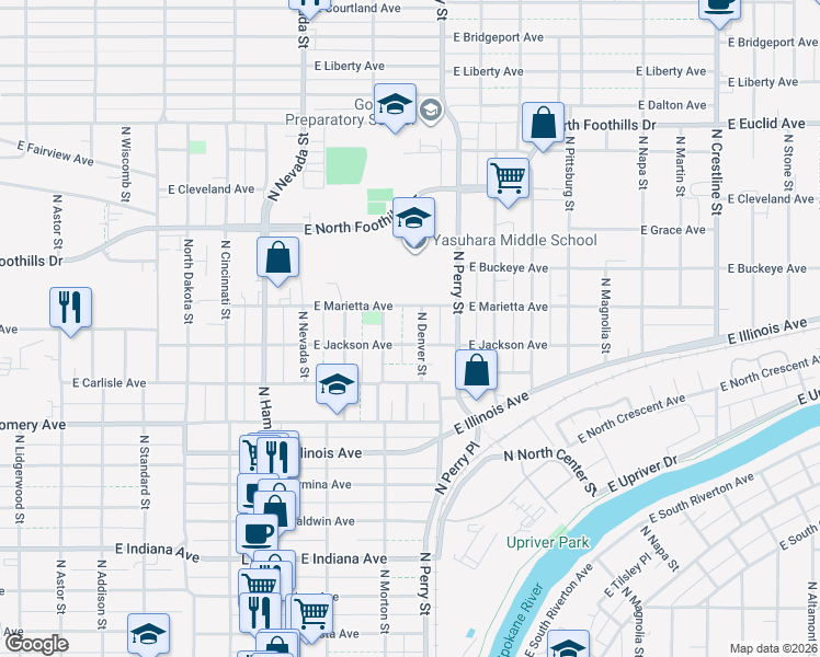 map of restaurants, bars, coffee shops, grocery stores, and more near 2509 North Denver Street in Spokane