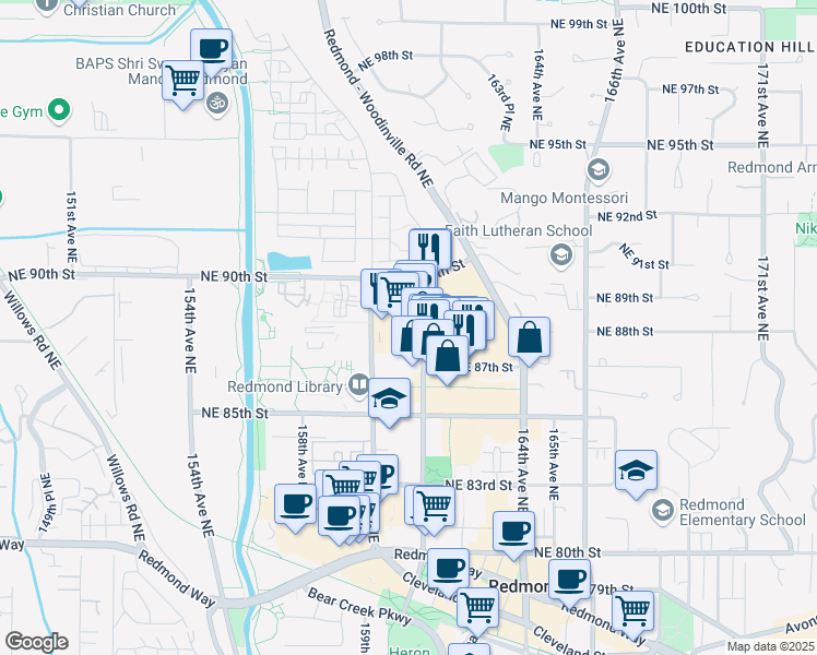 map of restaurants, bars, coffee shops, grocery stores, and more near 8867 161st Avenue Northeast in Redmond