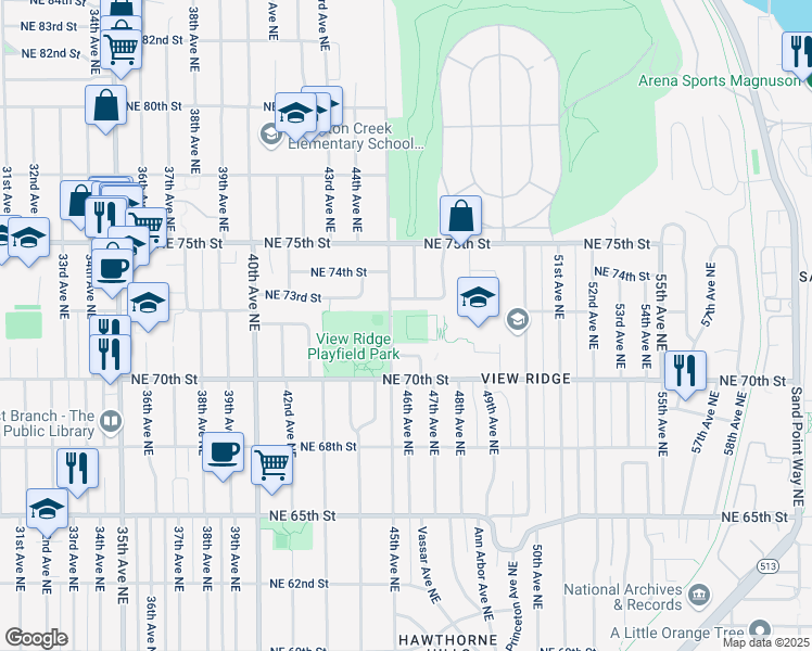 map of restaurants, bars, coffee shops, grocery stores, and more near 7131 45th Avenue Northeast in Seattle