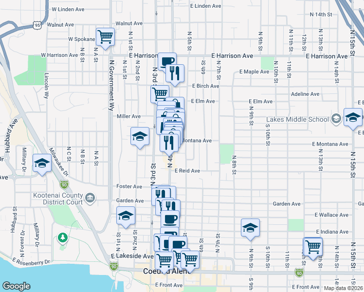 map of restaurants, bars, coffee shops, grocery stores, and more near in Coeur d'Alene