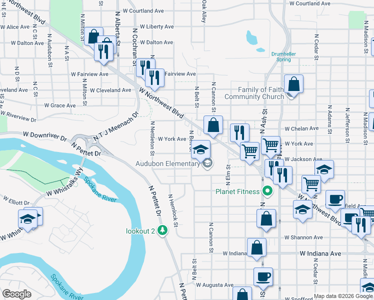 map of restaurants, bars, coffee shops, grocery stores, and more near 2117 West Jackson Avenue in Spokane