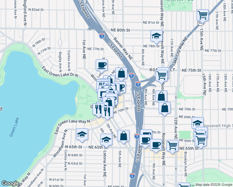 map of restaurants, bars, coffee shops, grocery stores, and more near 427 Northeast 72nd Street in Seattle