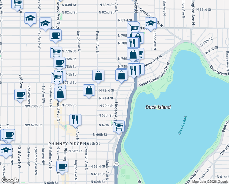 map of restaurants, bars, coffee shops, grocery stores, and more near 7105 Linden Avenue North in Seattle