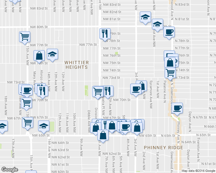 map of restaurants, bars, coffee shops, grocery stores, and more near 7001-7299 Cleopatra Place Northwest in Seattle