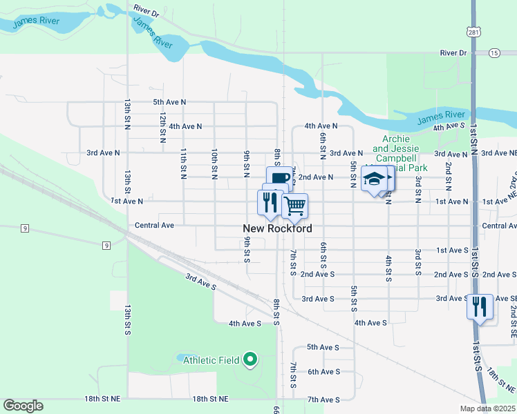 map of restaurants, bars, coffee shops, grocery stores, and more near 821 1st Avenue North in New Rockford