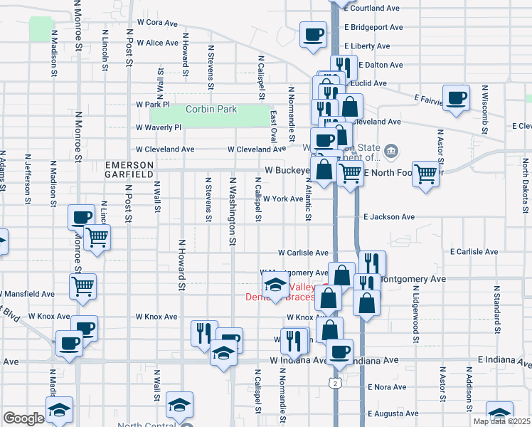 map of restaurants, bars, coffee shops, grocery stores, and more near 2400 North Calispel Street in Spokane