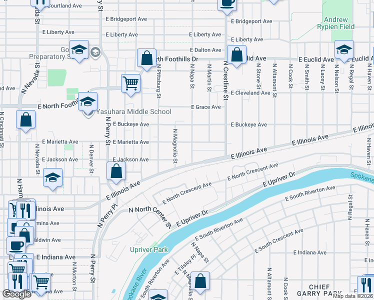 map of restaurants, bars, coffee shops, grocery stores, and more near e1817 East Illinois Avenue in Spokane