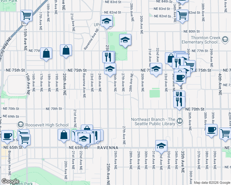 map of restaurants, bars, coffee shops, grocery stores, and more near Northeast 72nd Street in Seattle