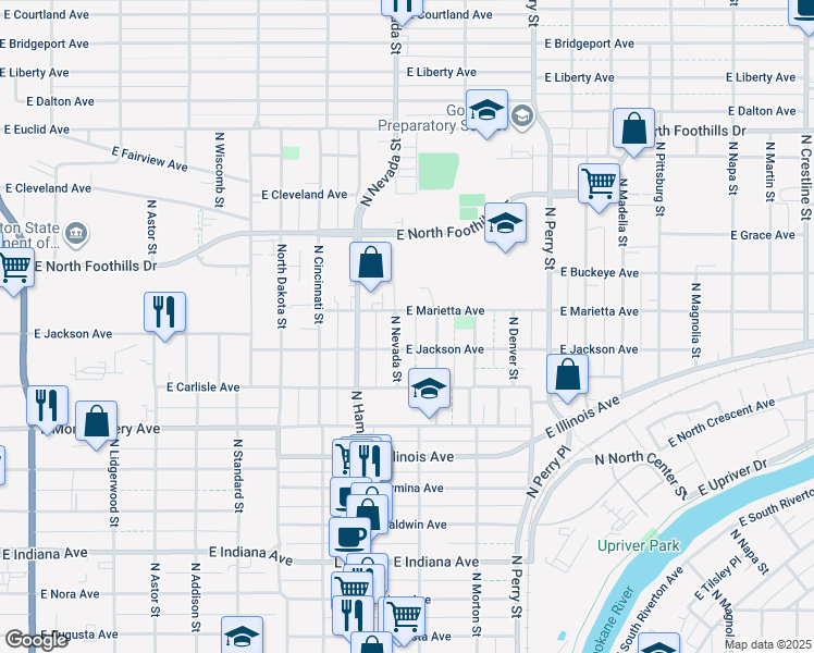 map of restaurants, bars, coffee shops, grocery stores, and more near 2516 North Nevada Street in Spokane