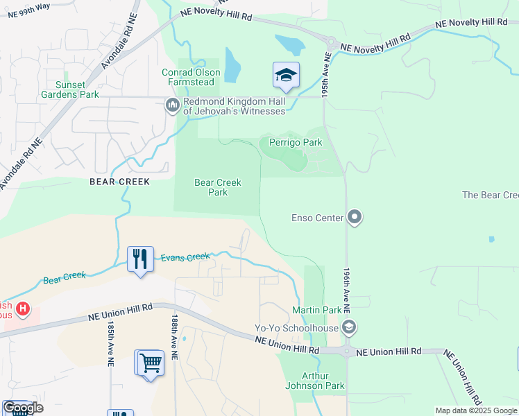 map of restaurants, bars, coffee shops, grocery stores, and more near Evans Creek Trail in Redmond