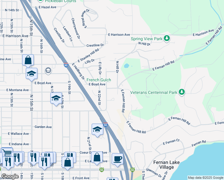 map of restaurants, bars, coffee shops, grocery stores, and more near 832 North 23rd Street in Coeur d'Alene