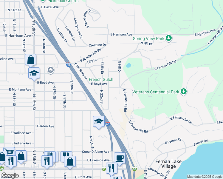 map of restaurants, bars, coffee shops, grocery stores, and more near 832 North 23rd Street in Coeur d'Alene