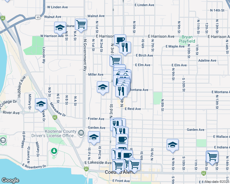 map of restaurants, bars, coffee shops, grocery stores, and more near 801 North 3rd Street in Coeur d'Alene
