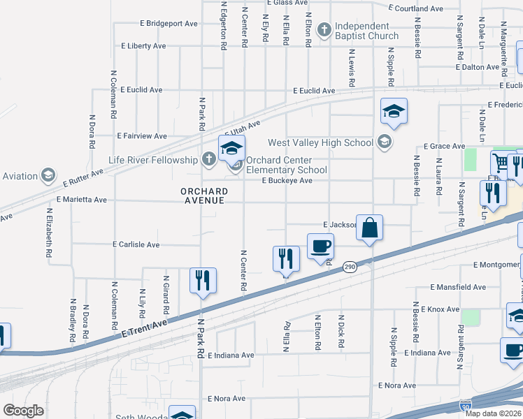 map of restaurants, bars, coffee shops, grocery stores, and more near 2525 Ella Road in Spokane Valley