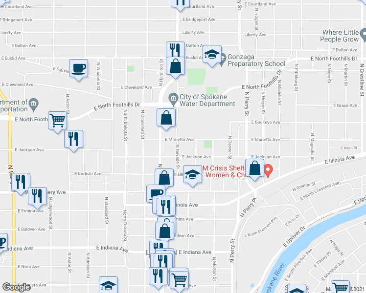 map of restaurants, bars, coffee shops, grocery stores, and more near 1003 East Jackson Avenue in Spokane