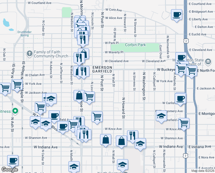 map of restaurants, bars, coffee shops, grocery stores, and more near 724 West Jackson Avenue in Spokane