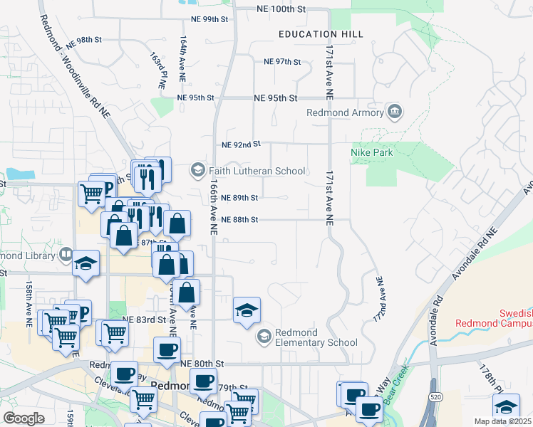 map of restaurants, bars, coffee shops, grocery stores, and more near 16677 Northeast 88th Street in Redmond