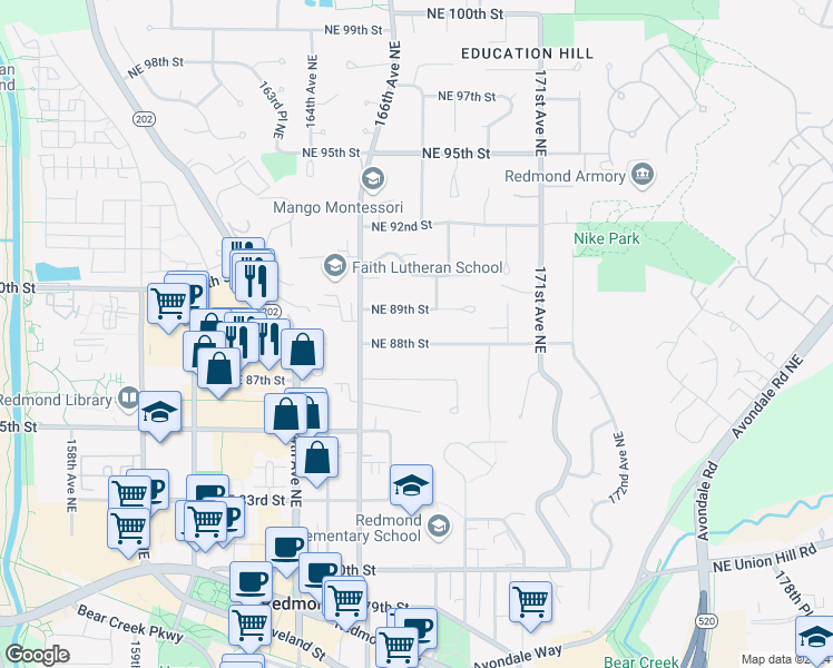 map of restaurants, bars, coffee shops, grocery stores, and more near 16677 Northeast 88th Street in Redmond