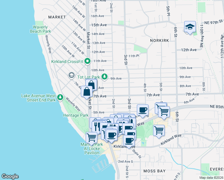 map of restaurants, bars, coffee shops, grocery stores, and more near 143 8th Avenue in Kirkland