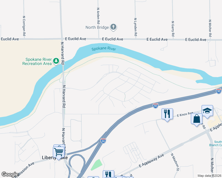 map of restaurants, bars, coffee shops, grocery stores, and more near 2600 North Lynden Road in Liberty Lake