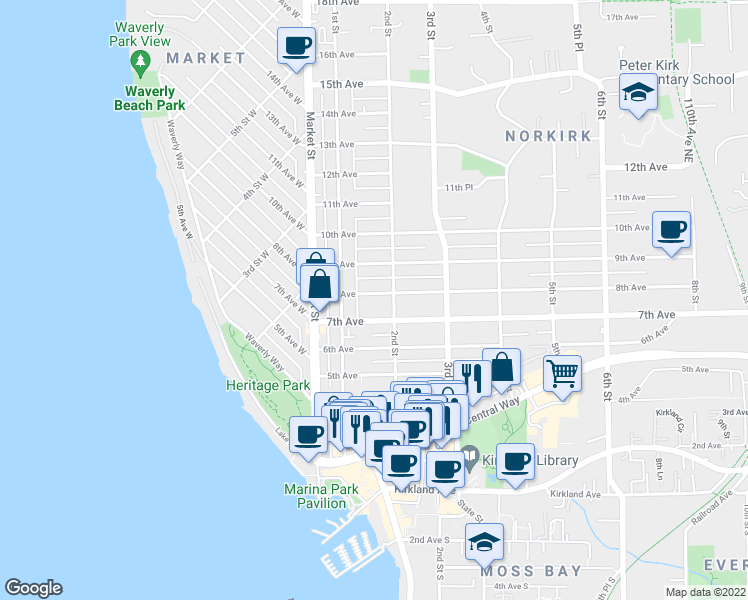 map of restaurants, bars, coffee shops, grocery stores, and more near 127 8th Avenue in Kirkland