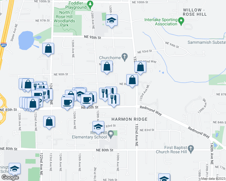 map of restaurants, bars, coffee shops, grocery stores, and more near 12924 Northeast 87th Street in Kirkland