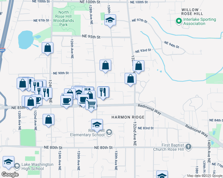 map of restaurants, bars, coffee shops, grocery stores, and more near 12924 Northeast 87th Street in Kirkland
