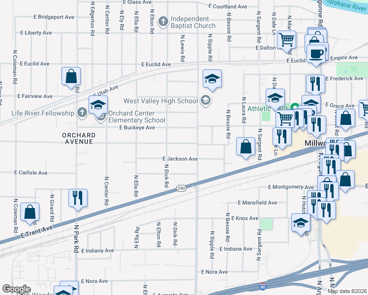 map of restaurants, bars, coffee shops, grocery stores, and more near 2603 North Vista Road in Spokane Valley