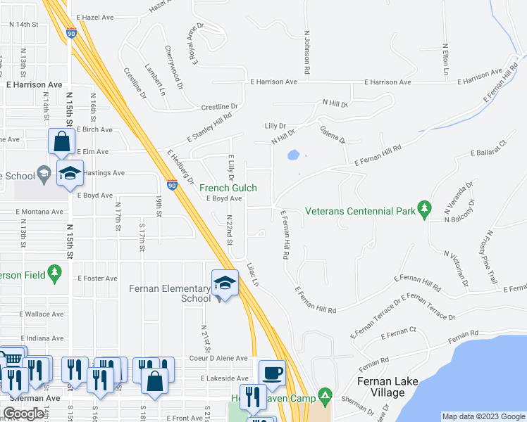 map of restaurants, bars, coffee shops, grocery stores, and more near 2316 East French Gulch Road in Coeur d'Alene