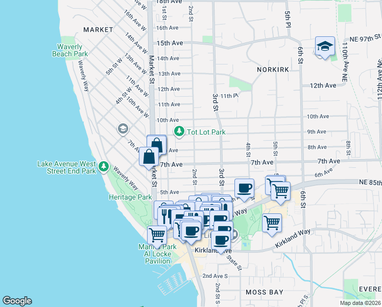 map of restaurants, bars, coffee shops, grocery stores, and more near 143 8th Avenue in Kirkland