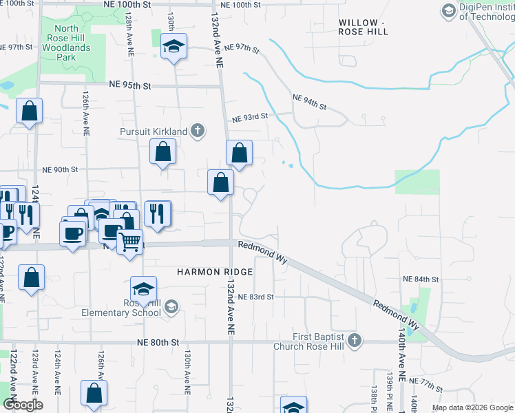 map of restaurants, bars, coffee shops, grocery stores, and more near 8730 133rd Avenue Northeast in Redmond